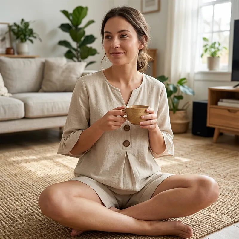 New Arrival: Women's Casual Two-Piece Set with Linen-Look Fabric and Ruffle Sleeves