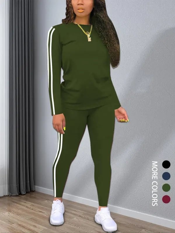 Women's Striped Print Long Sleeve Top & Pants Two-Piece Set