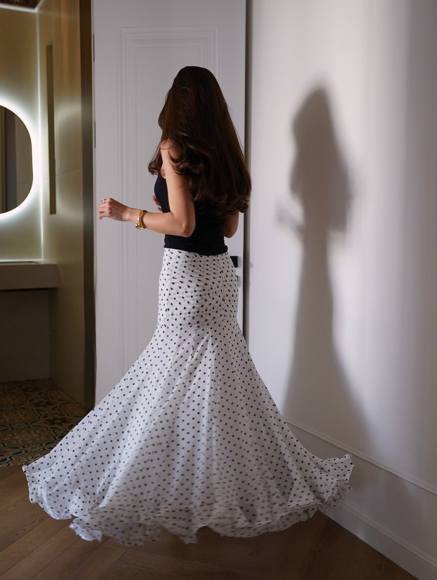 White & Black Polka Dot Floor-length Chiffon Skirt - Buy 2 items and get free shipping！