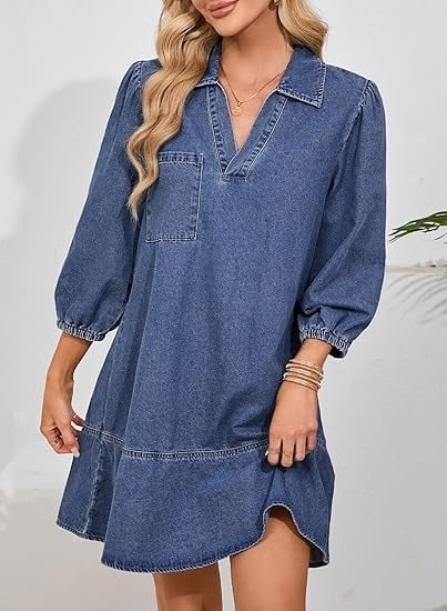 V-Neck Denim Dress-Where Comfort Meets Classic Style