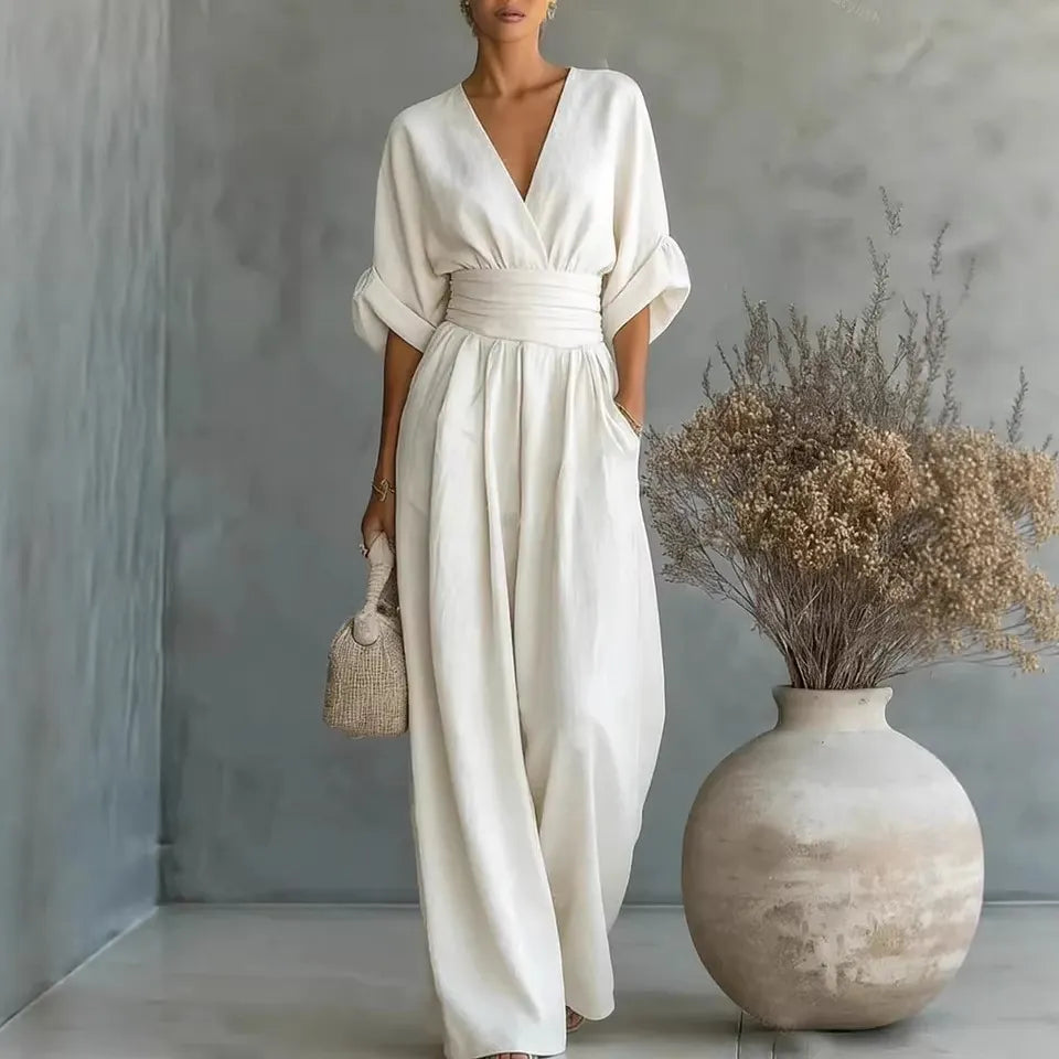 👠👠Hot sale Women's Solid-Color Elegant V-Neck Jumpsuit with Waist-Defining Fit