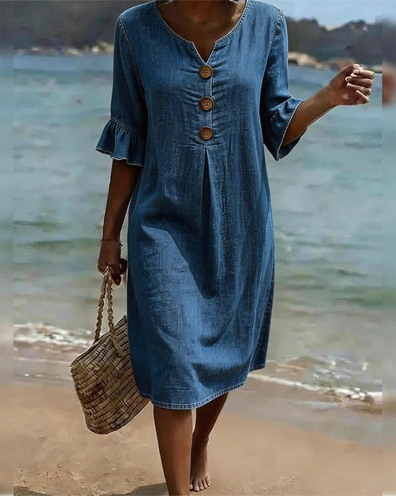 👗Women's Solid-Color Cotton Dress with Buttons and Ruffled Sleeves