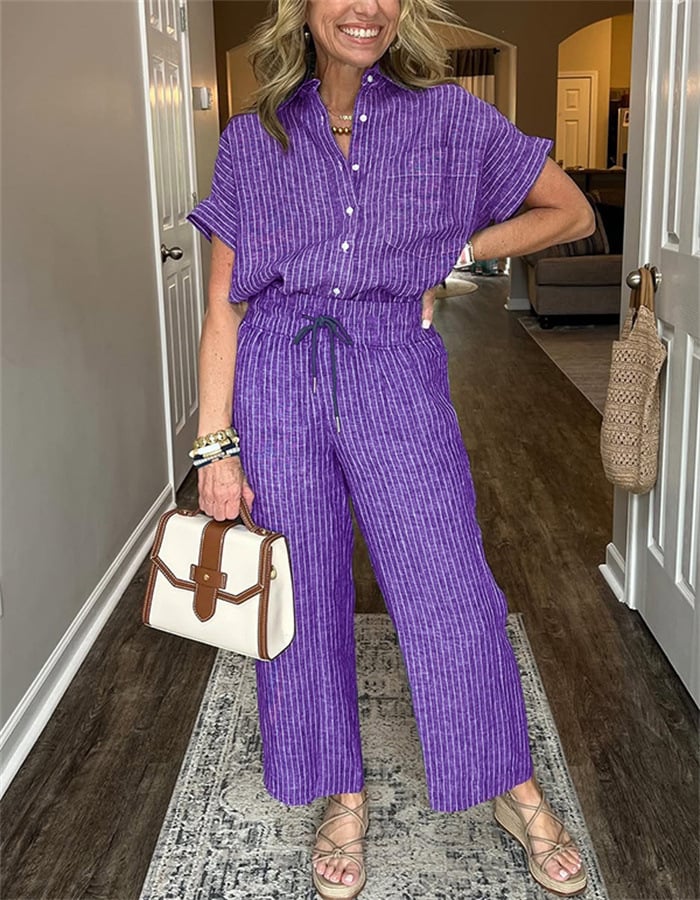 NEW💥 Classic striped linen cotton shirt set with pockets