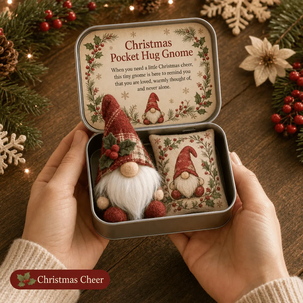 💌 Pocket Hug Gnome Comfort Gift Tin | Mini Plush Keepsake with Heartfelt Message, Matching Cushion & Protective Metal Case 🧸✨