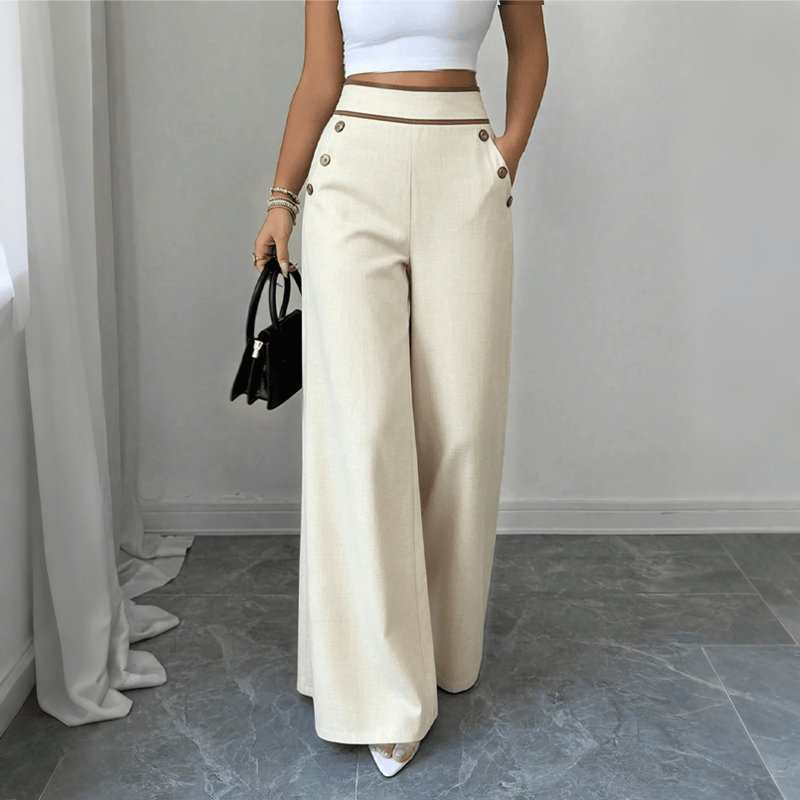 👖High-Waisted Wide-Leg Casual Pants with Contrast-Color Buttons and Pockets