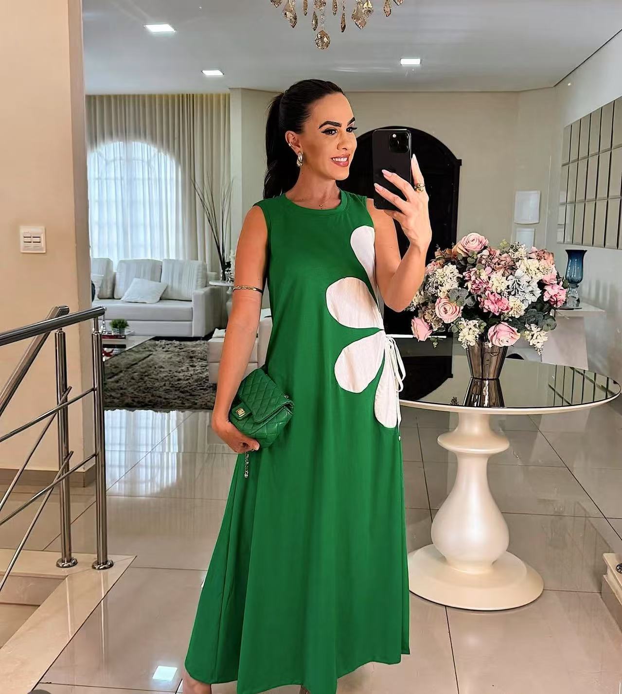 💃🌷Floral Drawstring Sleeveless Round-Neck Dress