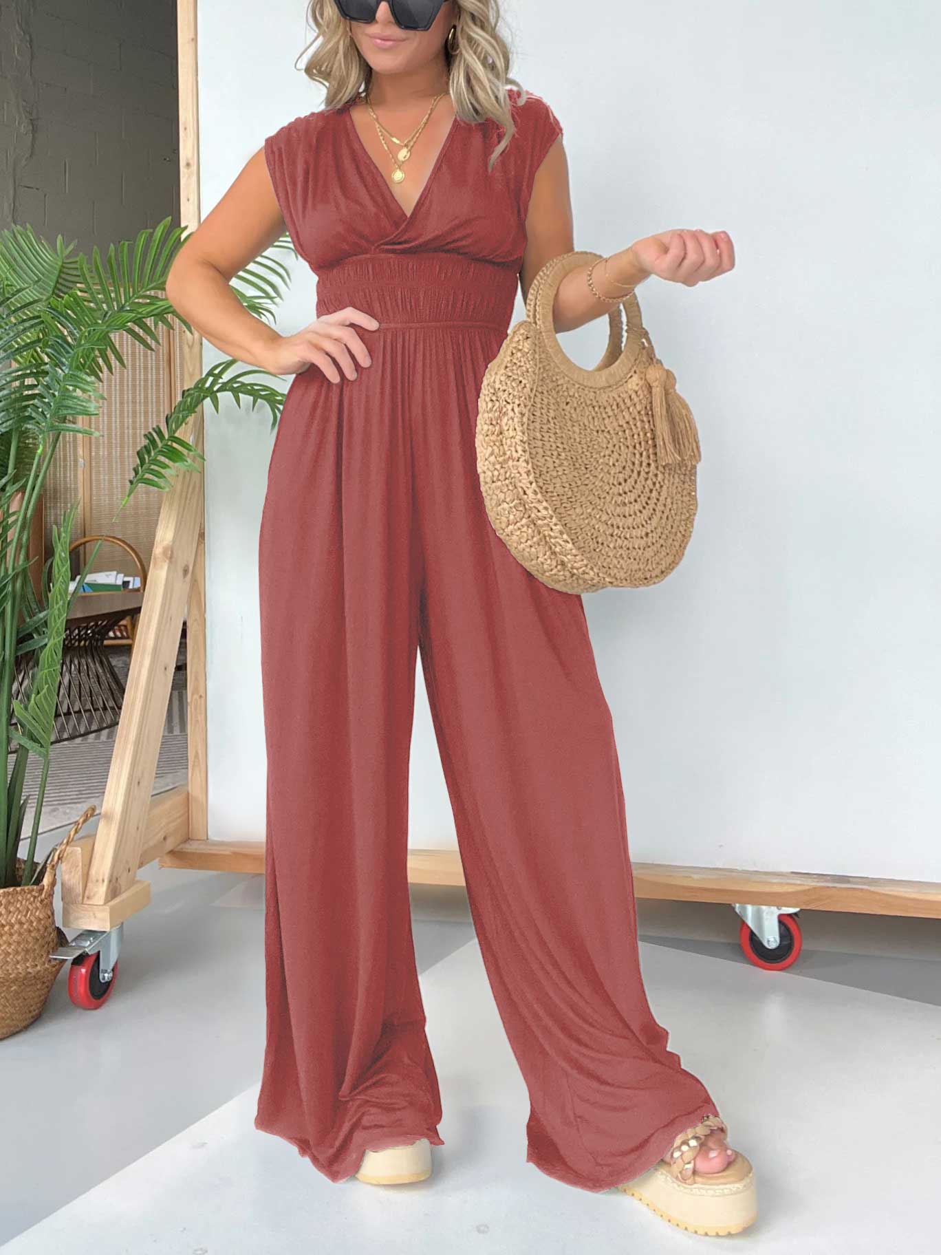 V-Neckline Wide Leg Jumpsuit with Adjustable Back Tie