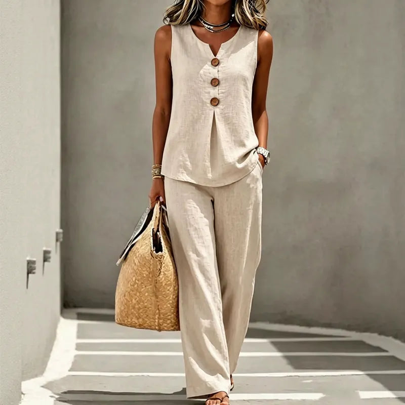 🏆 Best-Seller- Women's 2-Piece Set: V-Neck Button-Front Sleeveless Top & Trousers