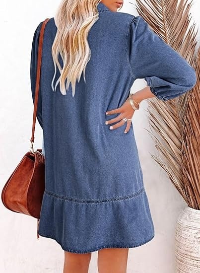 V-Neck Denim Dress-Where Comfort Meets Classic Style