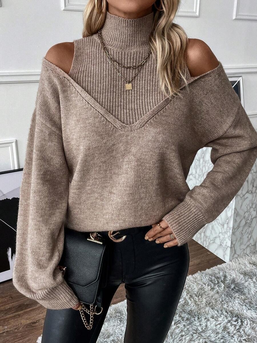 💛Women's Turtleneck Cold Shoulder 2 In 1 Sweater