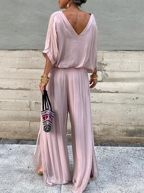 Jewel Neck Layered Chiffon Poncho Top and Wide Leg Pant Suit Slate Blue main image 1