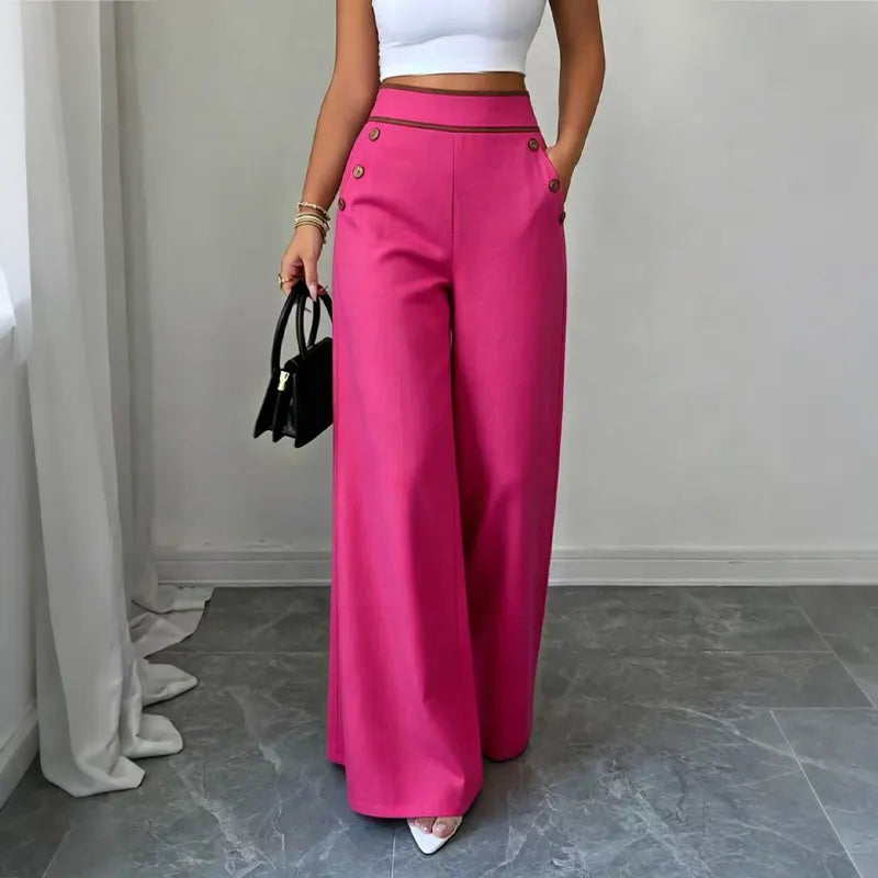👖High-Waisted Wide-Leg Casual Pants with Contrast-Color Buttons and Pockets