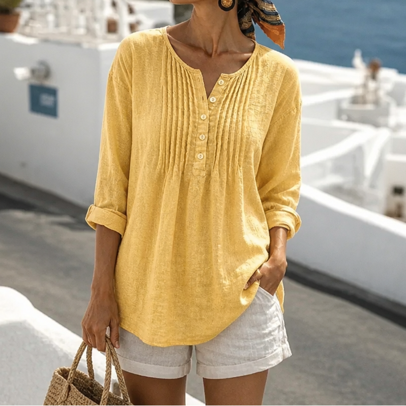 Women's pleated round neck long-sleeved plus-size shirt