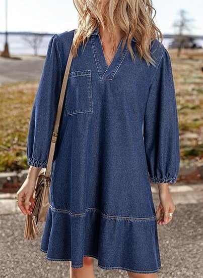 V-Neck Denim Dress-Where Comfort Meets Classic Style