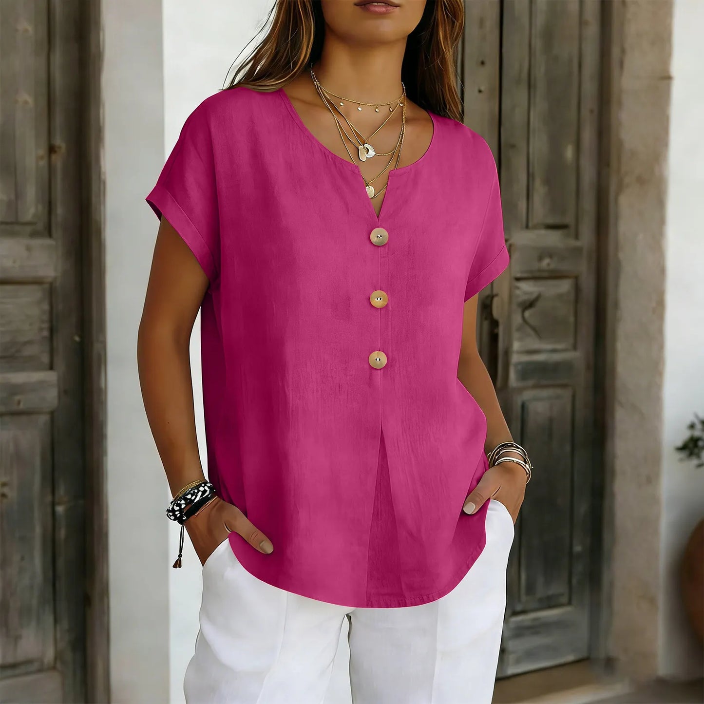 🌝Summer New Arrivals:Women's Loose V-Neck Shirt with Faux-Wood Buttons