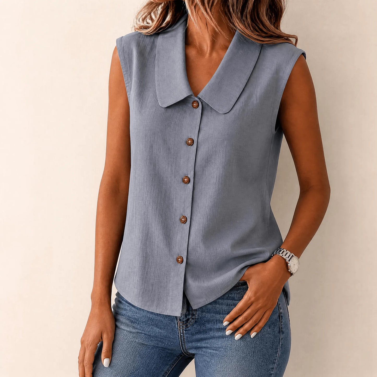 Women's Sleeveless Collared Button-Down Top