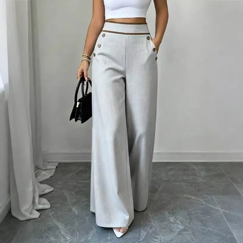 👖High-Waisted Wide-Leg Casual Pants with Contrast-Color Buttons and Pockets