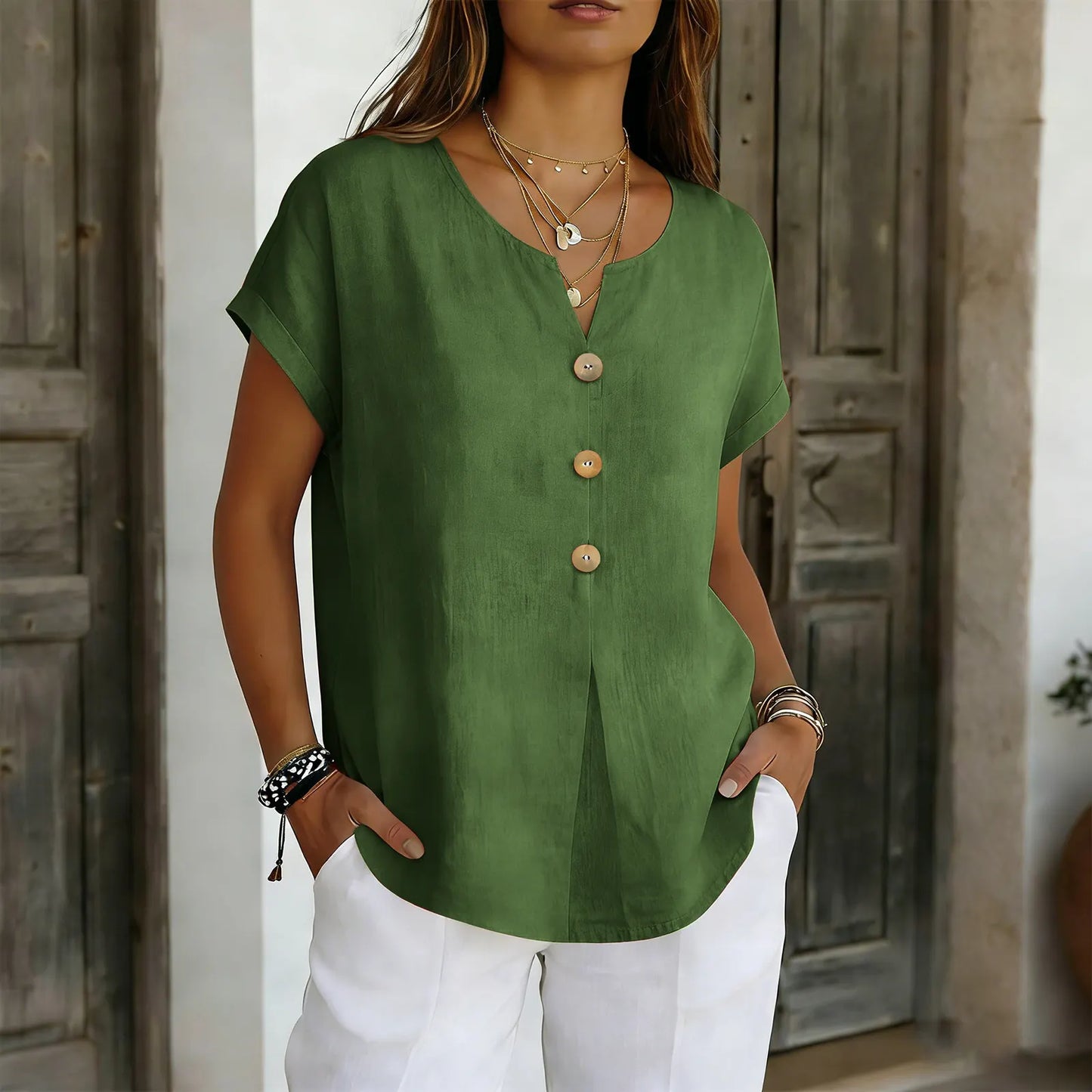 🌝Summer New Arrivals:Women's Loose V-Neck Shirt with Faux-Wood Buttons