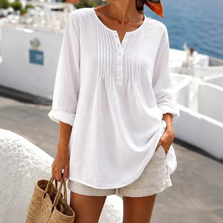 Women's pleated round neck long-sleeved plus-size shirt