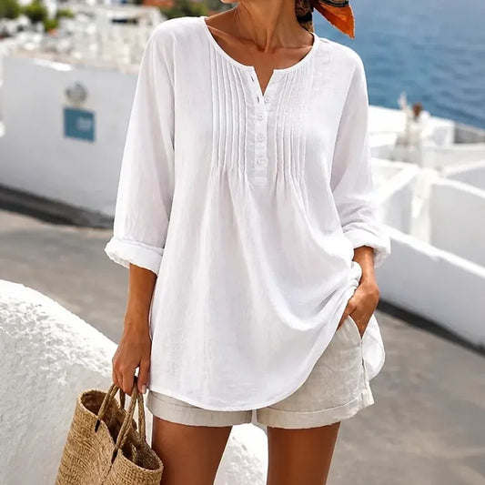 Women's Pleated Round Neck Long-Sleeved Plus-Size Shirt