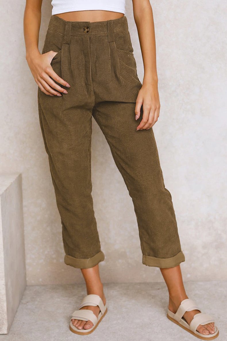 Mid Rise Button Zipper Side Pocket Corduroy Casual Pants