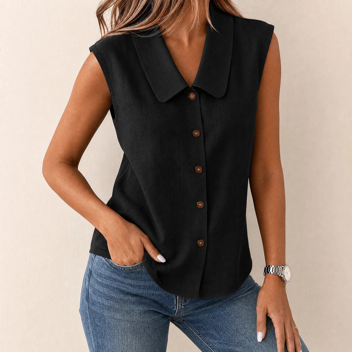 Women's Sleeveless Collared Button-Down Top