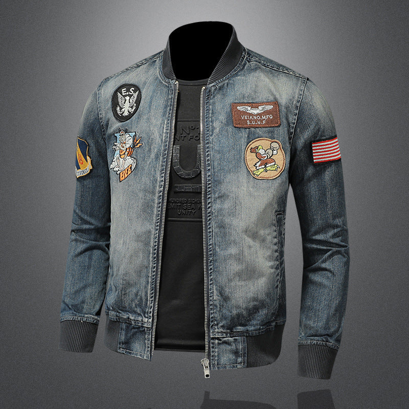 Baseball Collar Denim Jacket Men's Slim Fit Embroidered Badge Denim Jacket Tops