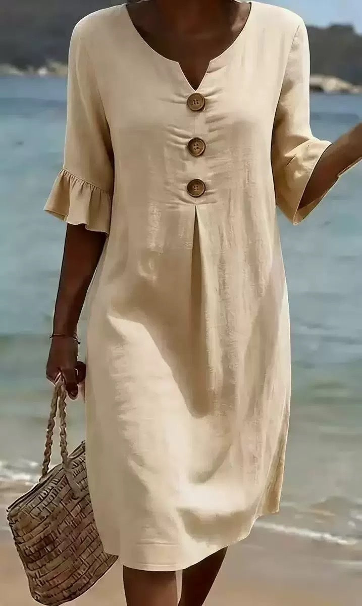 👗Women's Solid-Color Cotton Dress with Buttons and Ruffled Sleeves
