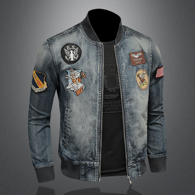 Baseball Collar Denim Jacket Men's Slim Fit Embroidered Badge Denim Jacket Tops