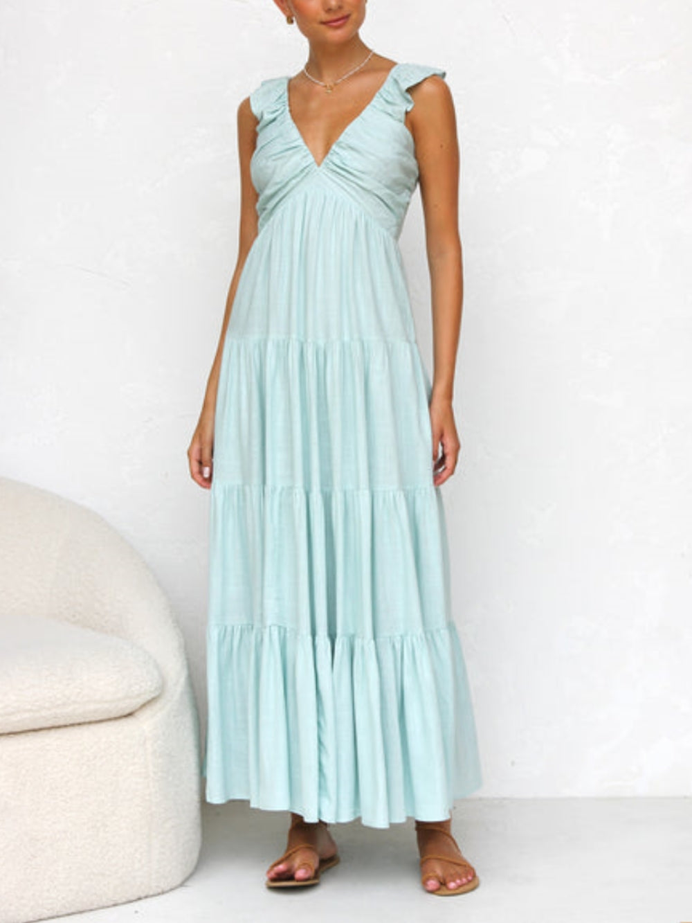 Ruffled Flying Sleeves Smocked Back Tiered Vacation Maxi Dress