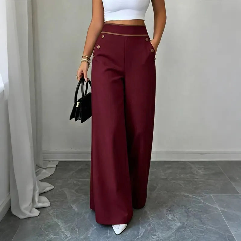 👖High-Waisted Wide-Leg Casual Pants with Contrast-Color Buttons and Pockets