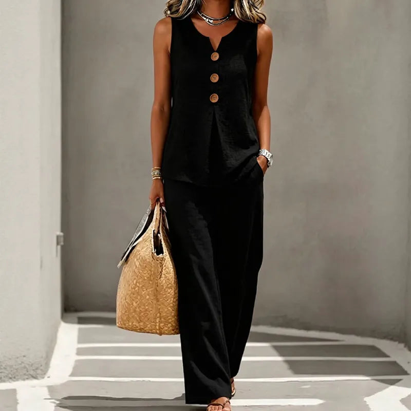 🏆 Best-Seller- Women's 2-Piece Set: V-Neck Button-Front Sleeveless Top & Trousers