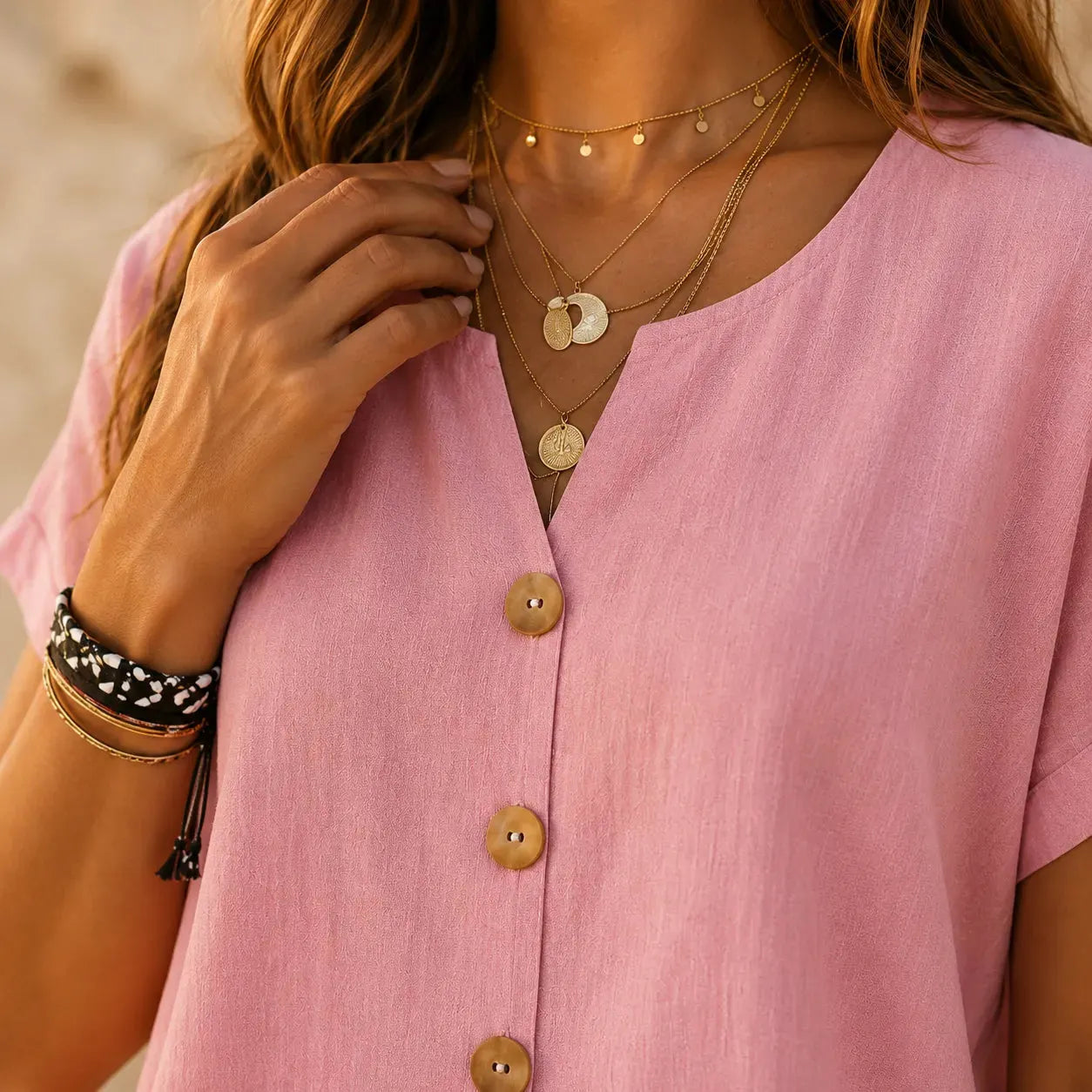 🌝Summer New Arrivals:Women's Loose V-Neck Shirt with Faux-Wood Buttons