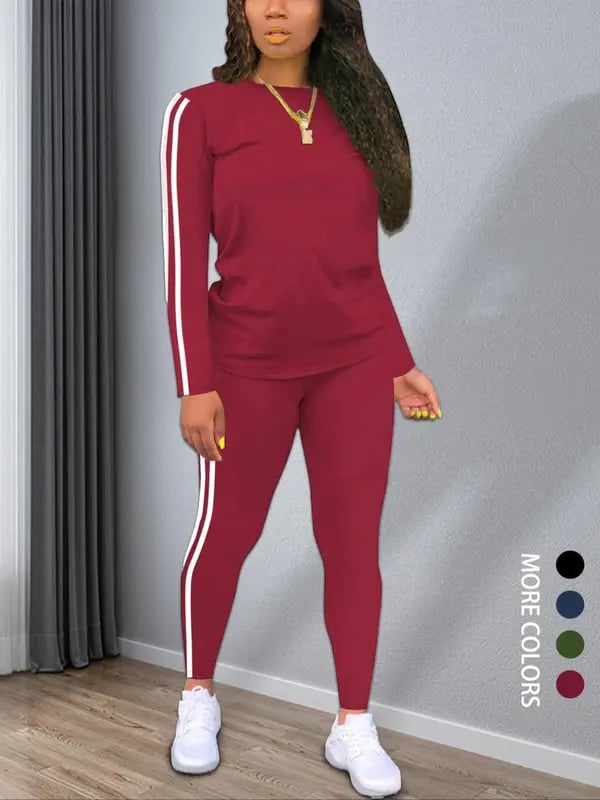 Women's Striped Print Long Sleeve Top & Pants Two-Piece Set