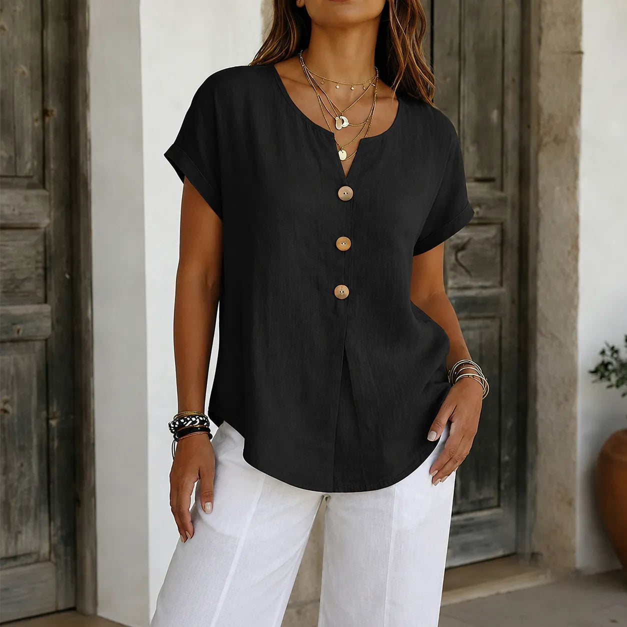 🌝Summer New Arrivals:Women's Loose V-Neck Shirt with Faux-Wood Buttons