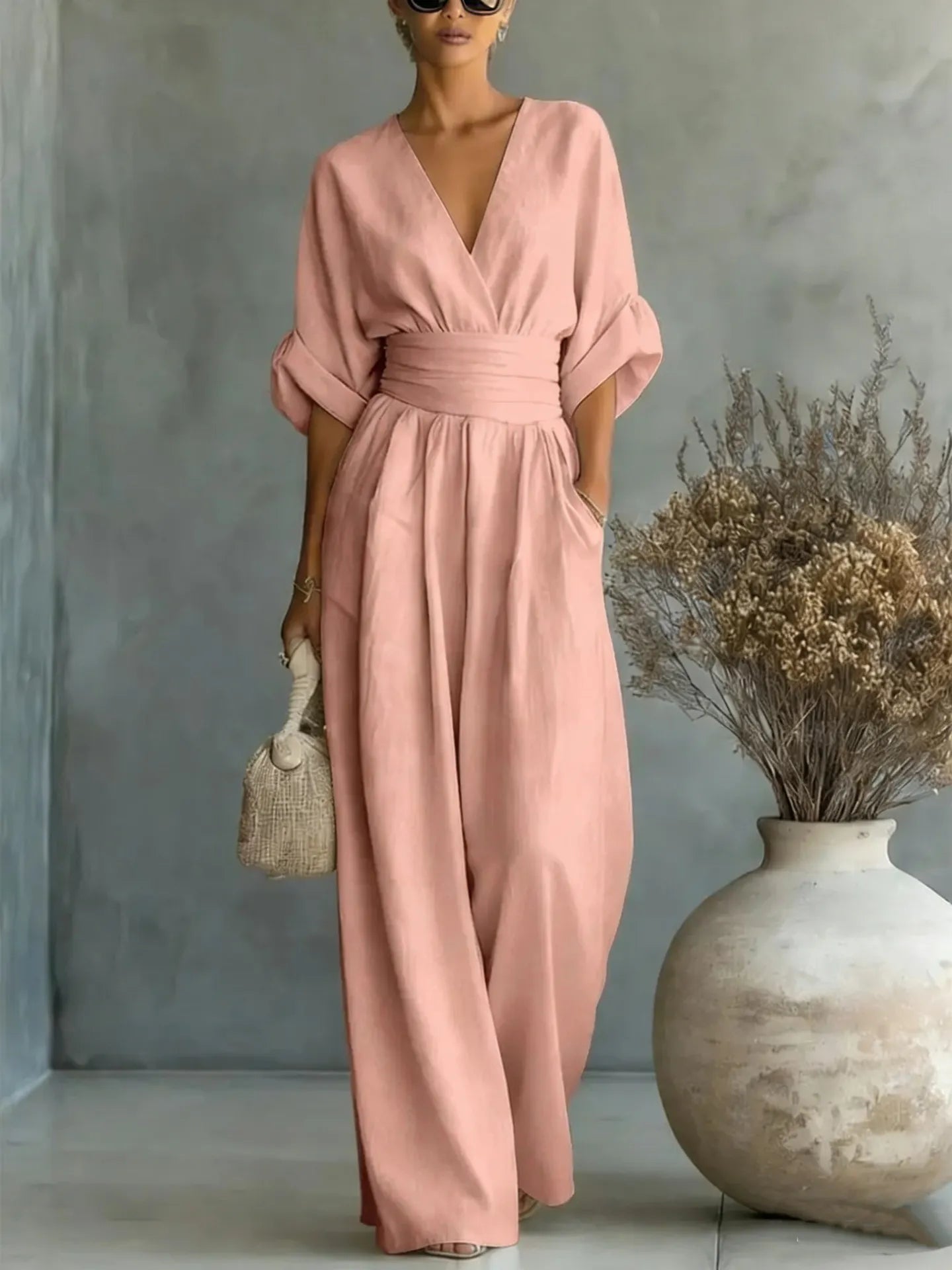 👠👠Hot sale Women's Solid-Color Elegant V-Neck Jumpsuit with Waist-Defining Fit