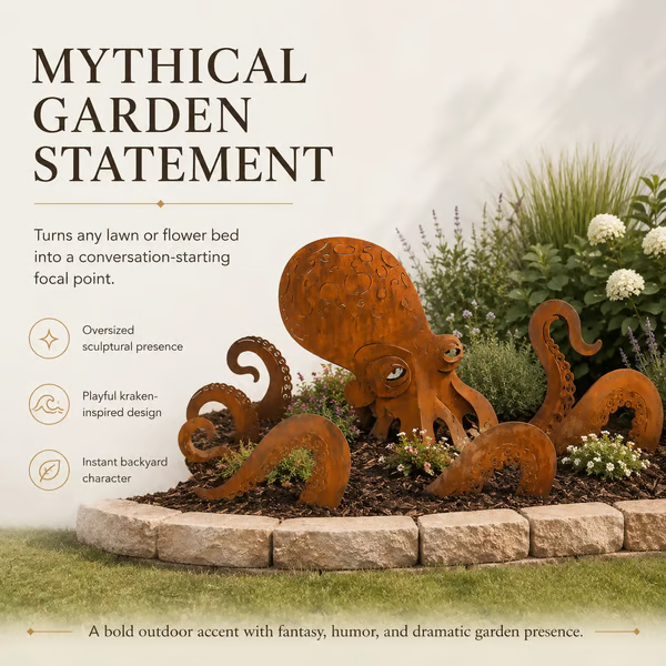 Rust Patina Giant Squid Garden Sculpture