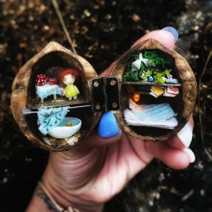 🏠Handmade.Walnut Shell Doll House--mini library, tiny World inside walnuts