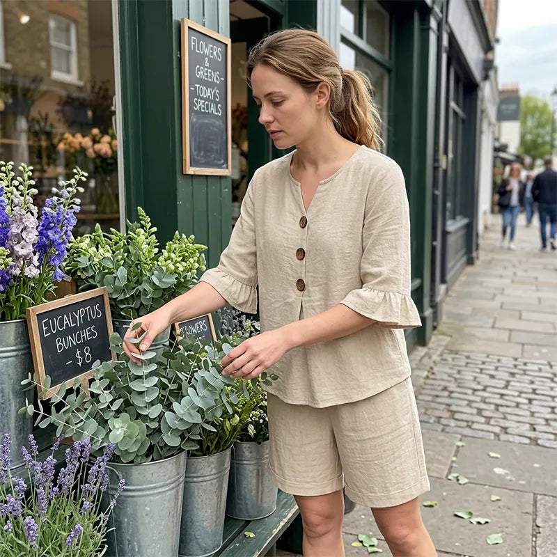 New Arrival: Women's Casual Two-Piece Set with Linen-Look Fabric and Ruffle Sleeves