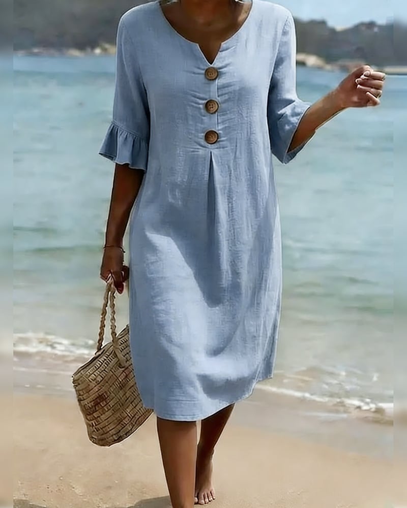 👗Women's Solid-Color Cotton Dress with Buttons and Ruffled Sleeves