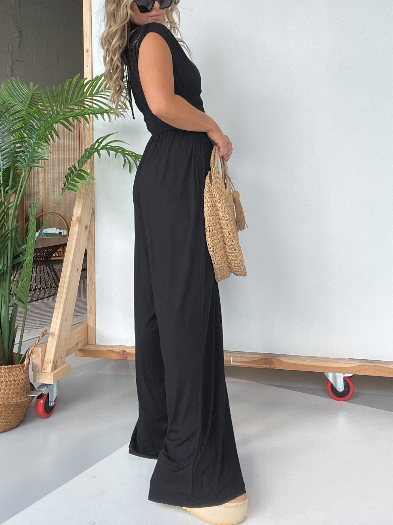 V-Neckline Wide Leg Jumpsuit with Adjustable Back Tie