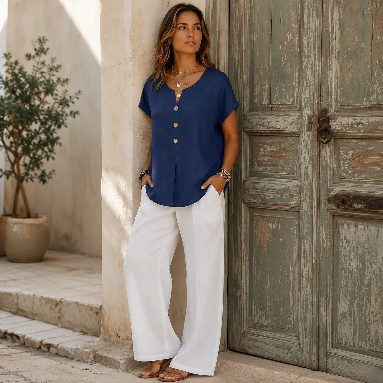 🌝Summer New Arrivals:Women's Loose V-Neck Shirt with Faux-Wood Buttons