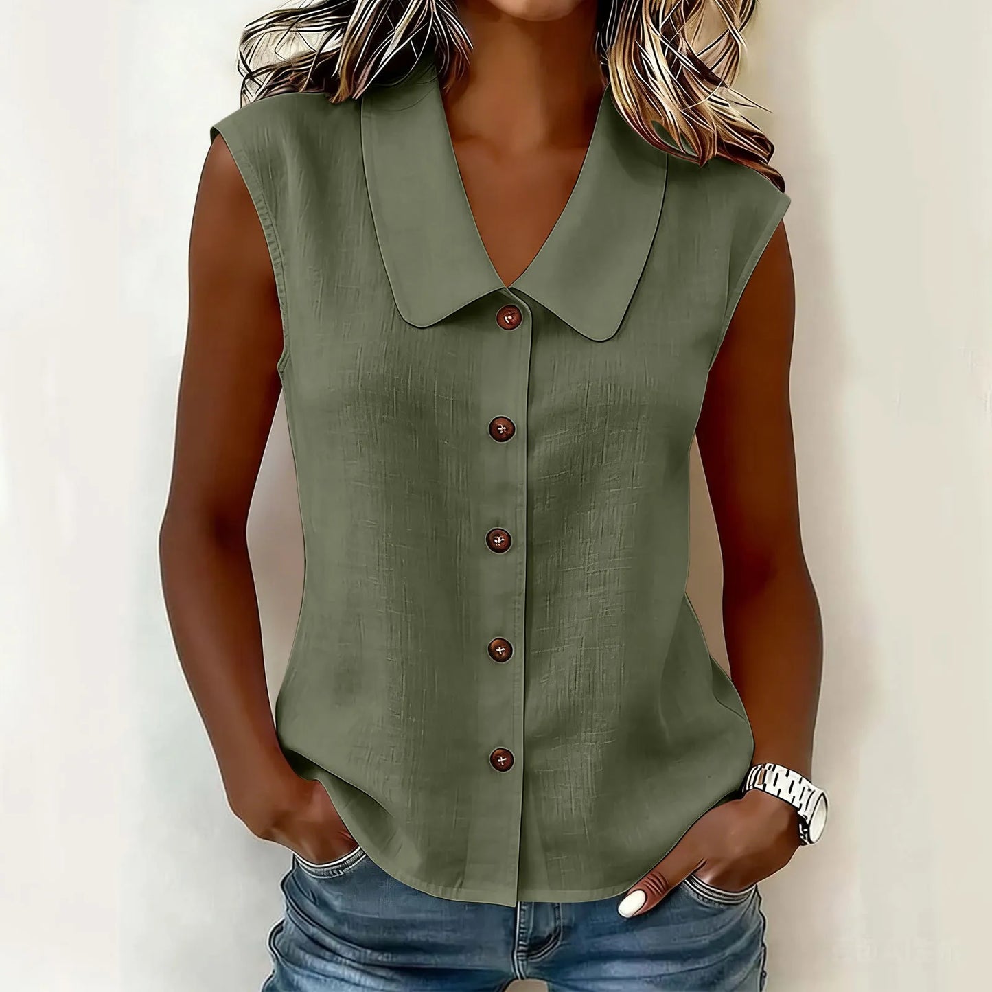 Women's Sleeveless Collared Button-Down Top