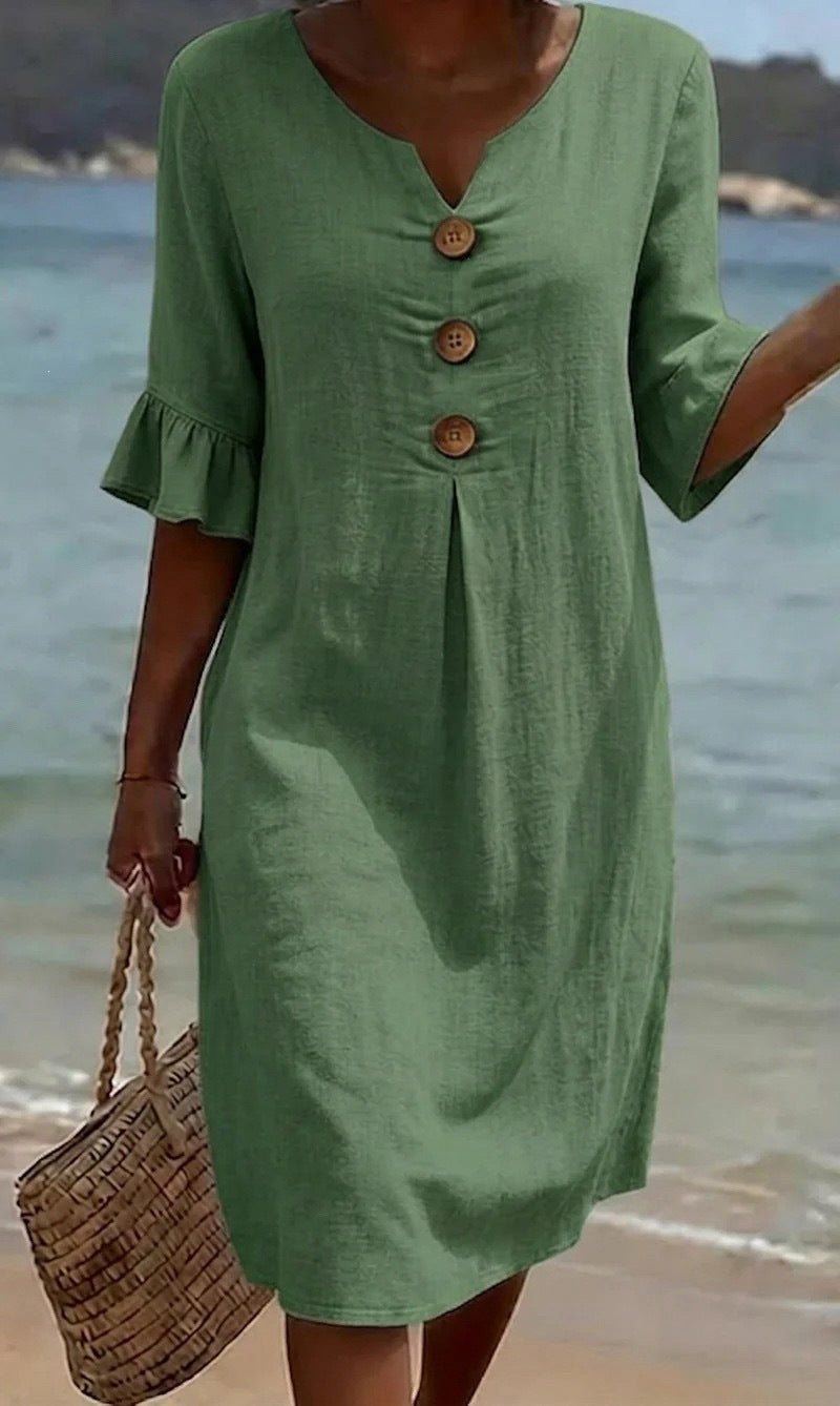 👗Women's Solid-Color Cotton Dress with Buttons and Ruffled Sleeves