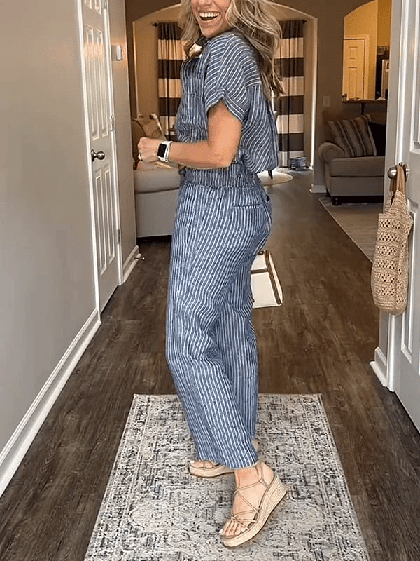 NEW💥 Classic striped linen cotton shirt set with pockets