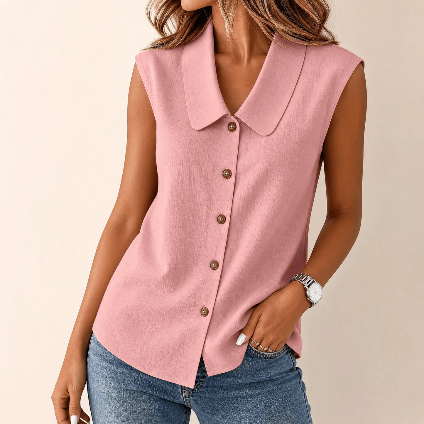 Women's Sleeveless Collared Button-Down Top
