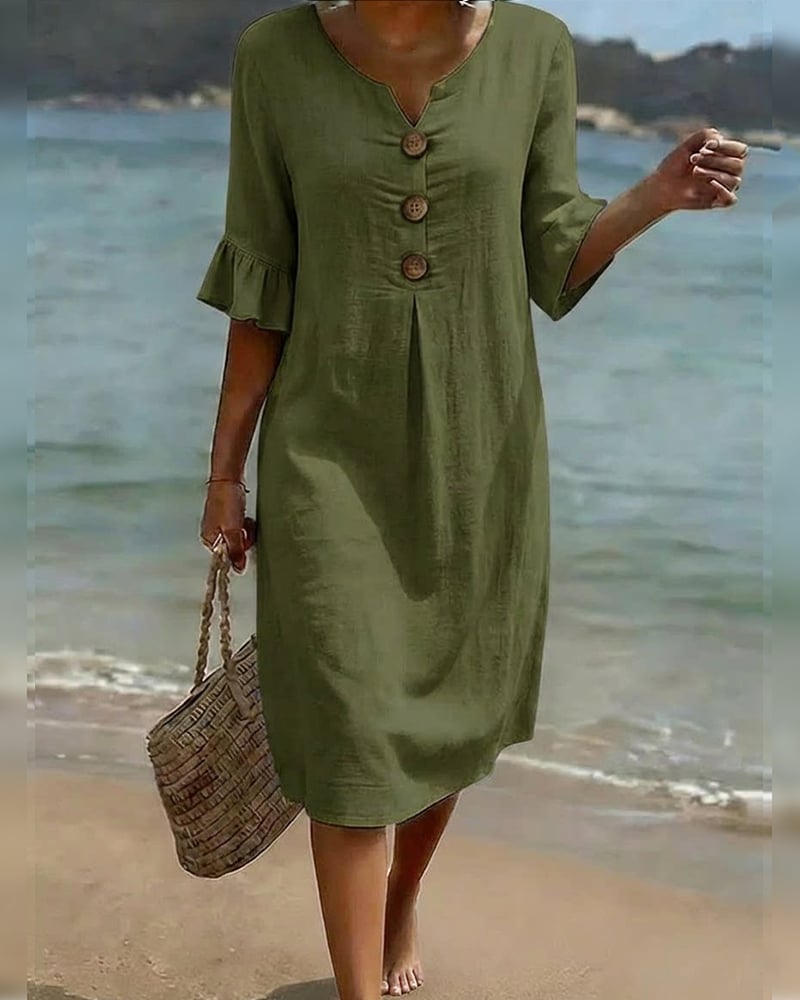 👗Women's Solid-Color Cotton Dress with Buttons and Ruffled Sleeves