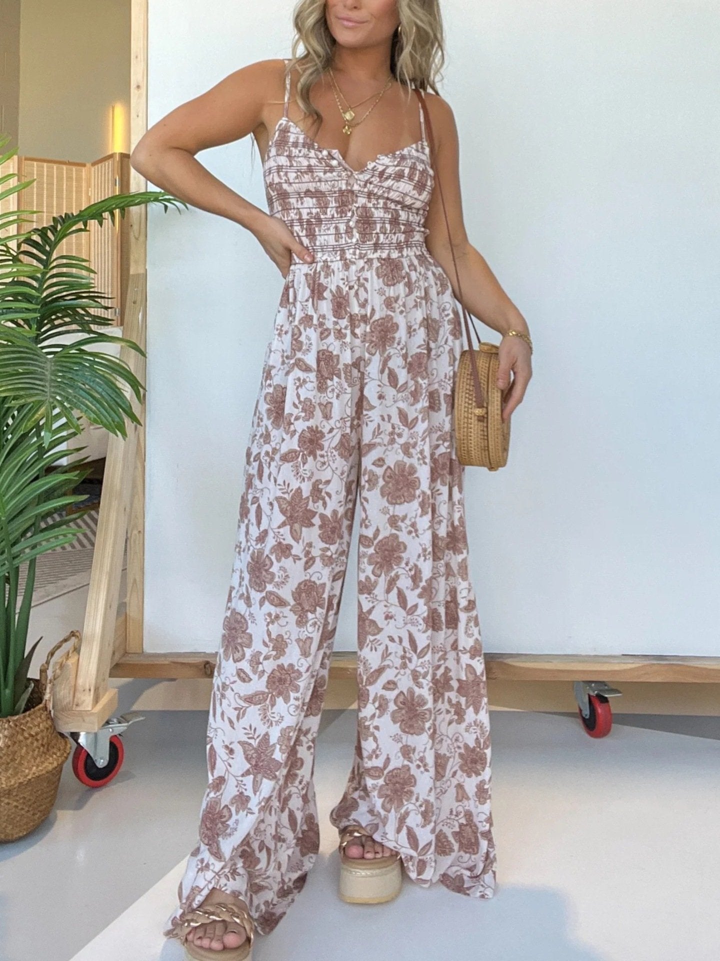 Floral Suspender Wide-Leg Jumpsuit (Buy 2 Free Shipping)