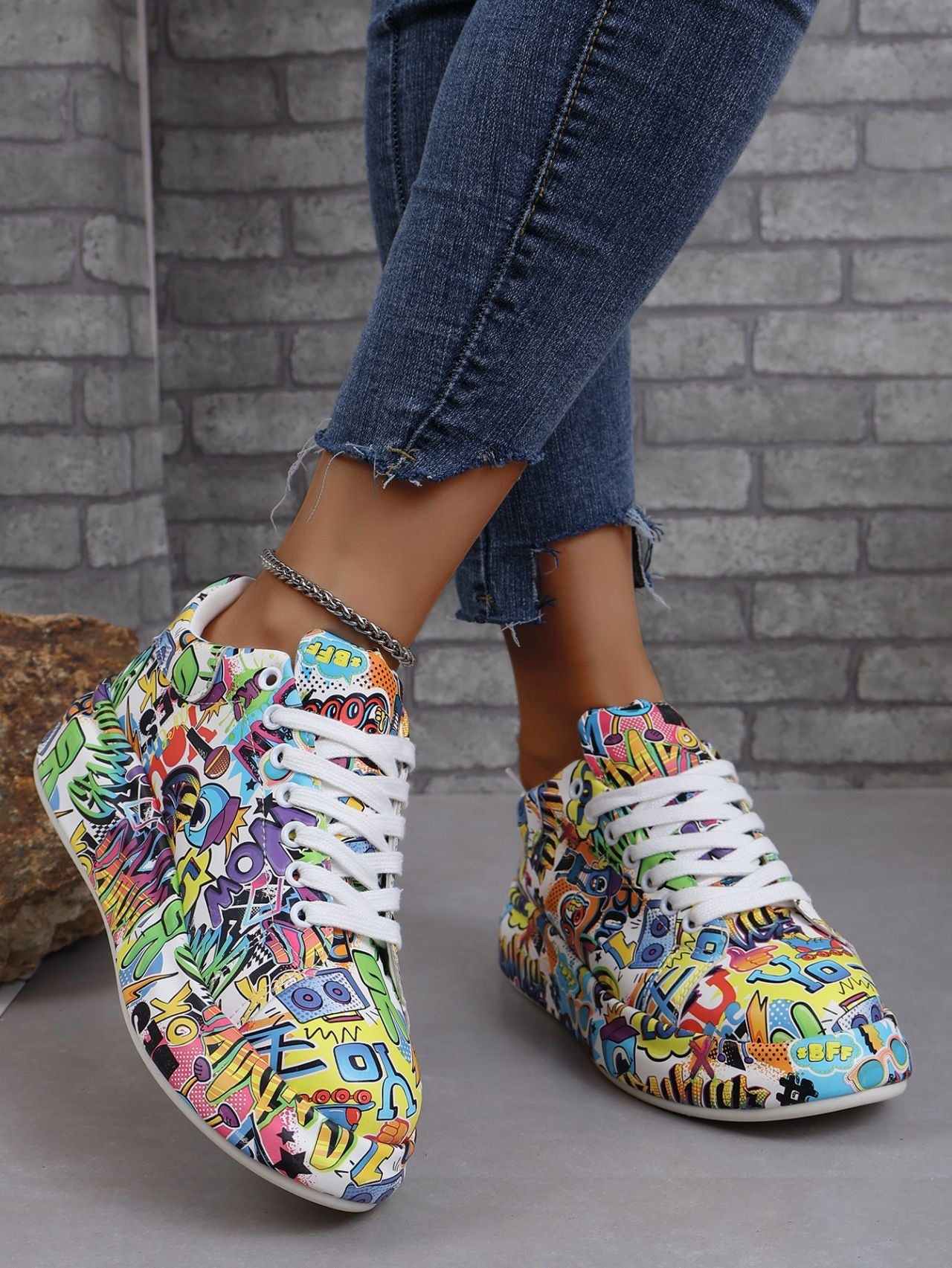 [36-43]Graffiti Platform Lace Up Shoes For Women Casual Walking Shoes