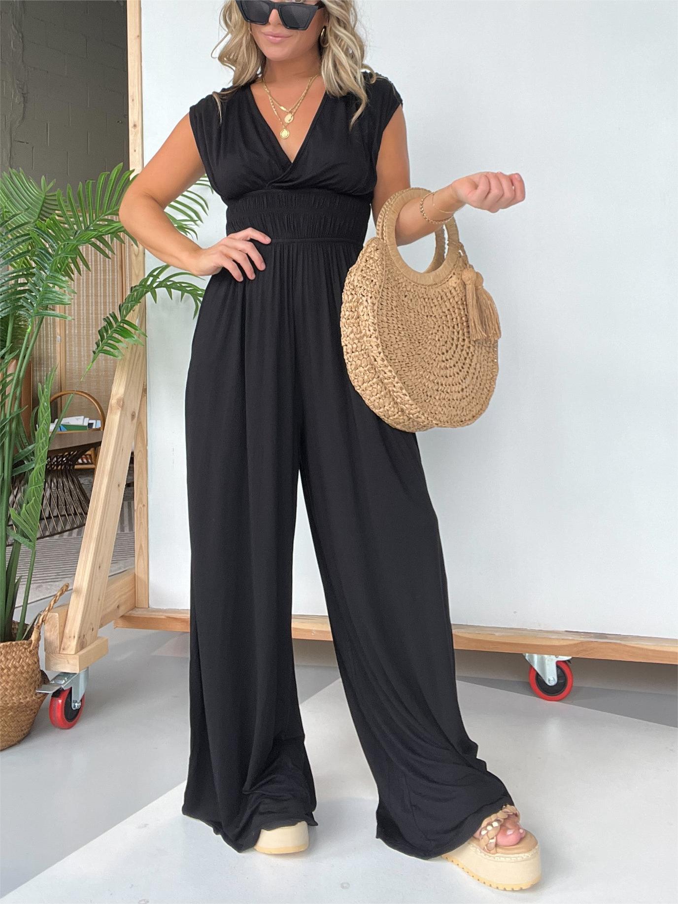 V-Neckline Wide Leg Jumpsuit with Adjustable Back Tie